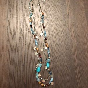 Aquamarine, silver and wood piece necklace 30”